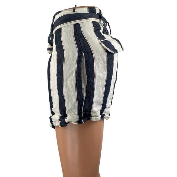 Frame 100% Linen Navy White Striped High Waisted Belted Mini Wide Leg Shorts 0 - Picture 2 of 5